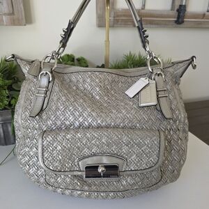 Coach Kristin Woven Leather Satchel Platinum Silver